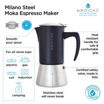 Grosche Milano Çelik Moka Pot Siyah 6 Cup 275 ml